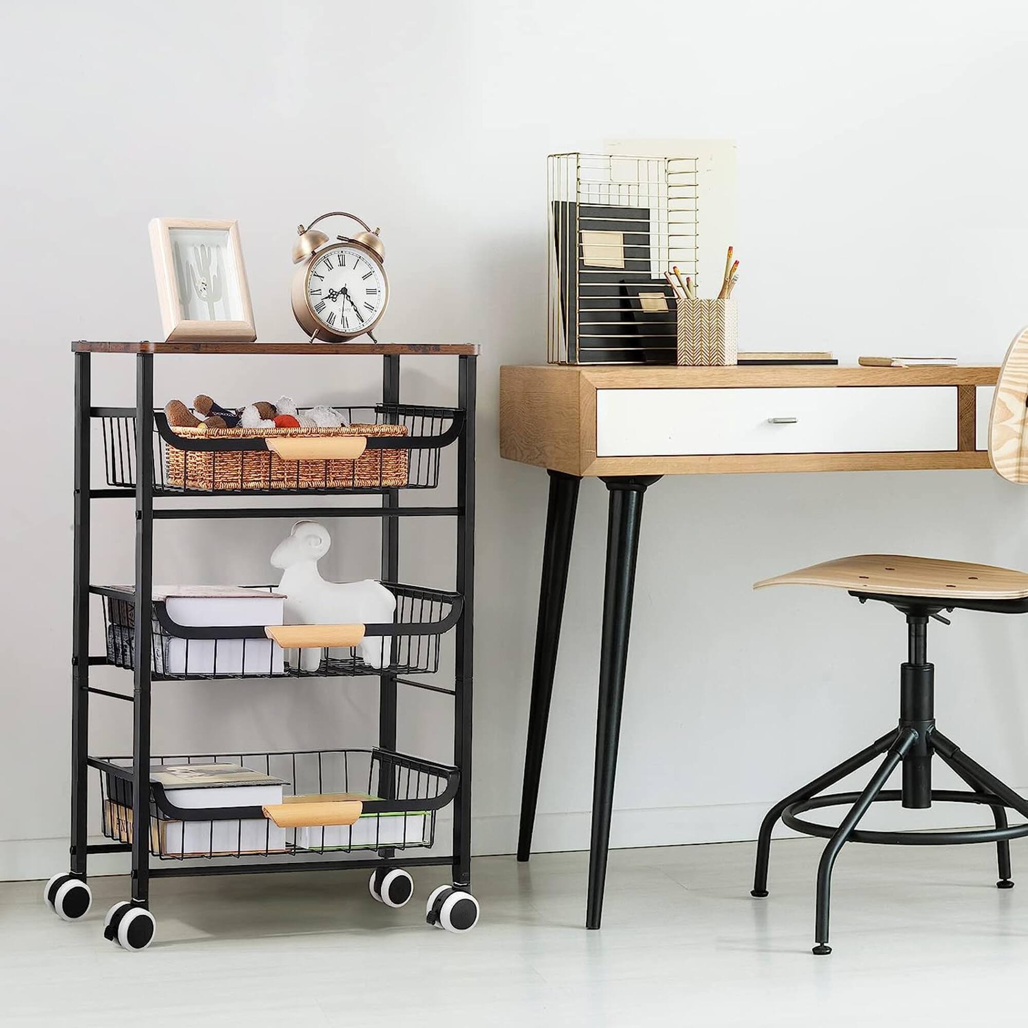 Black Fruit Storage Basket Kitchen Rolling Cart